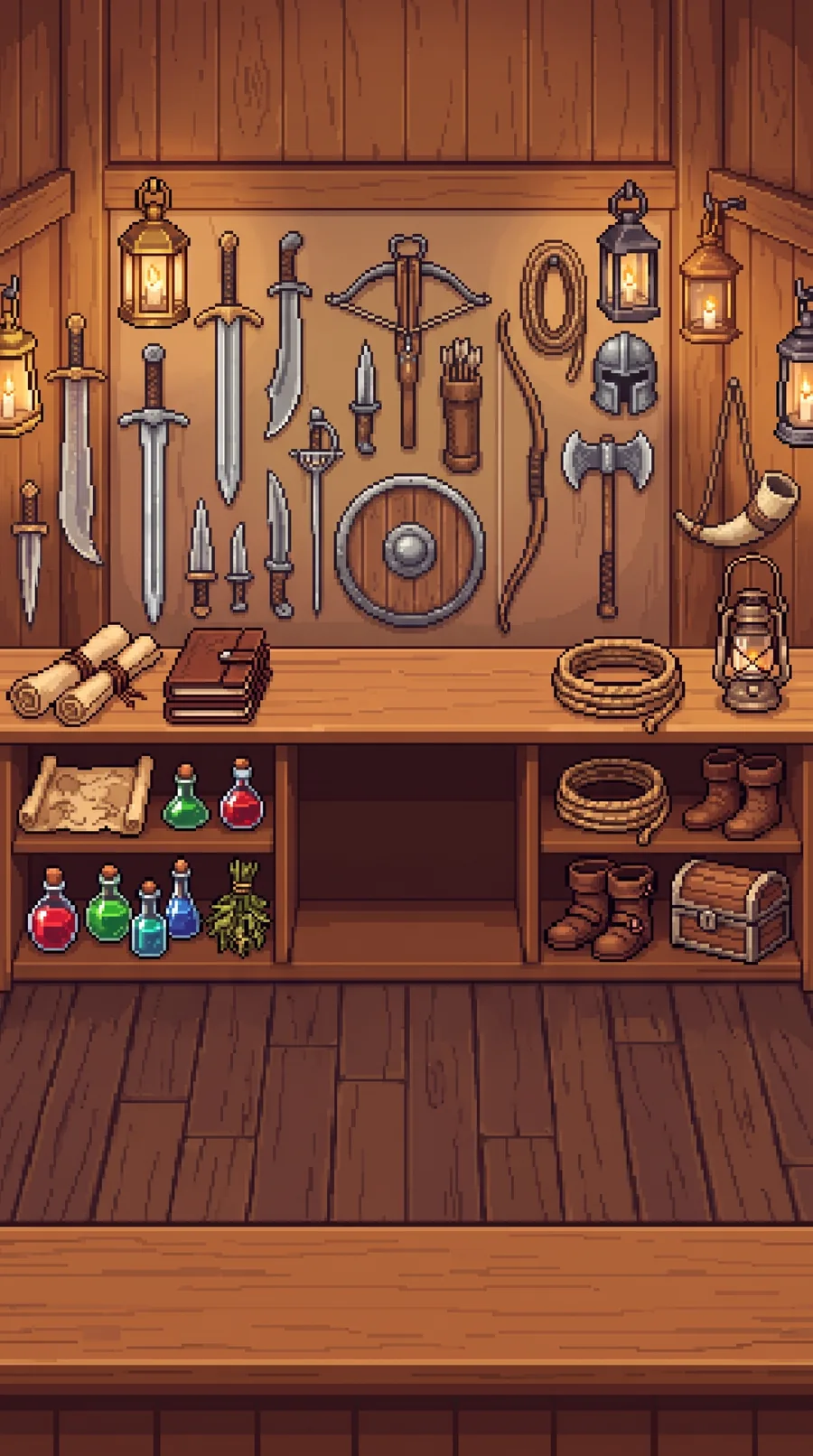 The shop at night: lanterns, a wall of swords and bows, and shelves of potions and boots around one empty bay